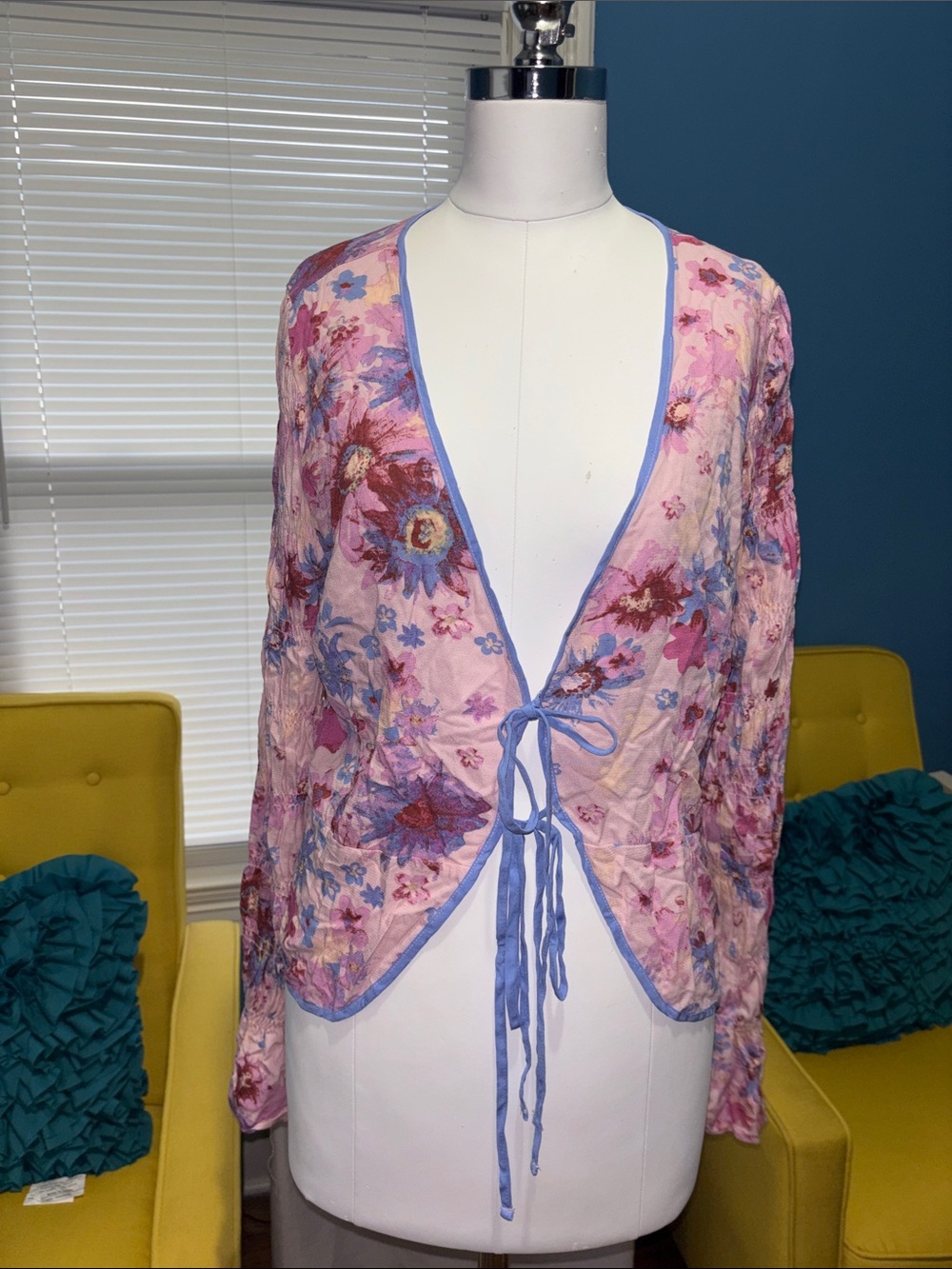 Free People Pink Floral Sheer Tie-Front Kimono